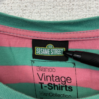 古着 used　SESAME STREET　半袖オリジナルプリントTシャツ　アーニー　ボーダー柄　バイカラー　ピンク　緑　Lサイズ