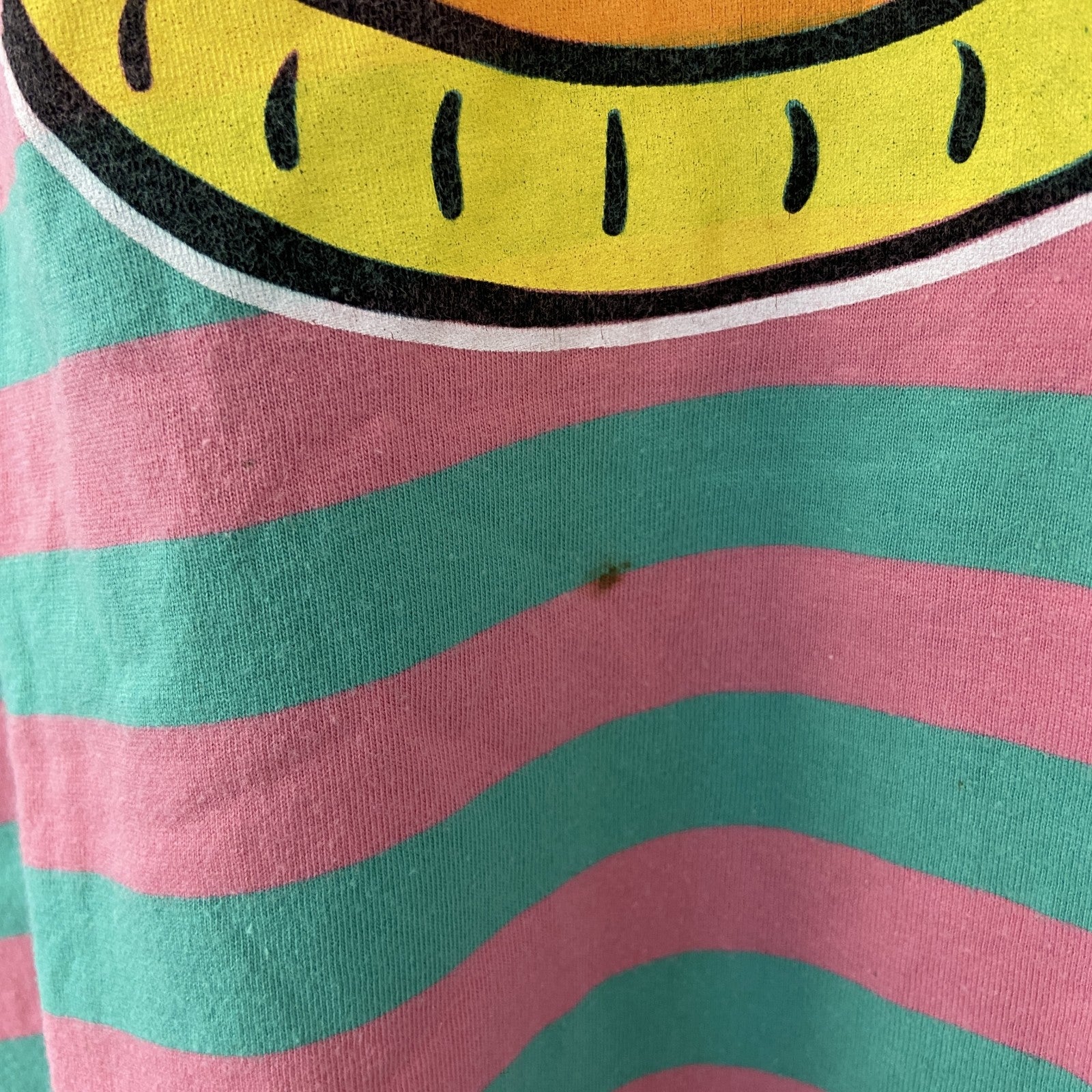古着 used　SESAME STREET　半袖オリジナルプリントTシャツ　アーニー　ボーダー柄　バイカラー　ピンク　緑　Lサイズ