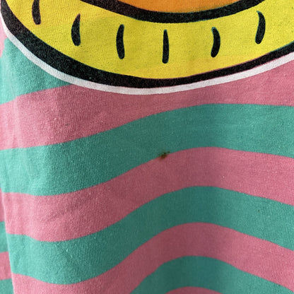 古着 used　SESAME STREET　半袖オリジナルプリントTシャツ　アーニー　ボーダー柄　バイカラー　ピンク　緑　Lサイズ