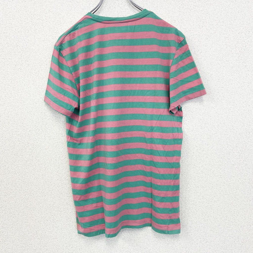 古着 used　SESAME STREET　半袖オリジナルプリントTシャツ　アーニー　ボーダー柄　バイカラー　ピンク　緑　Lサイズ