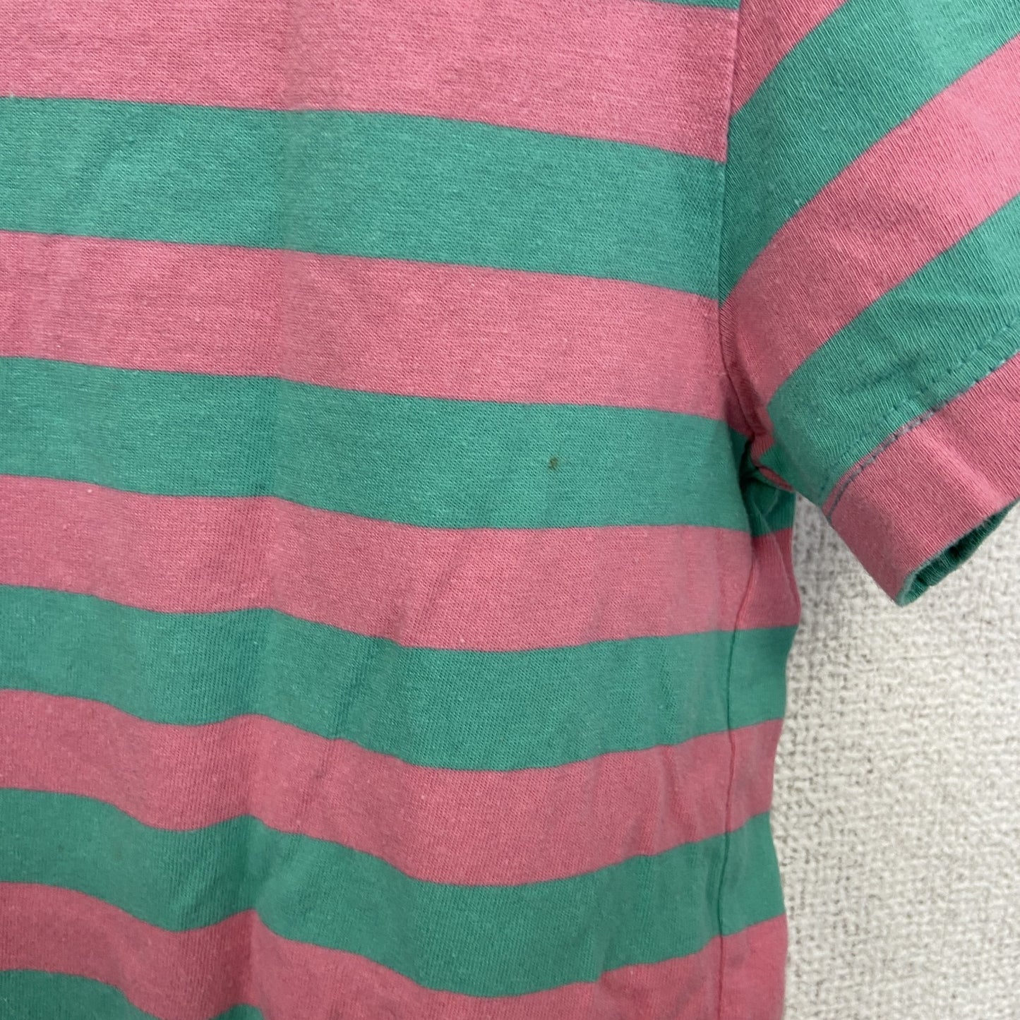 古着 used　SESAME STREET　半袖オリジナルプリントTシャツ　アーニー　ボーダー柄　バイカラー　ピンク　緑　Lサイズ