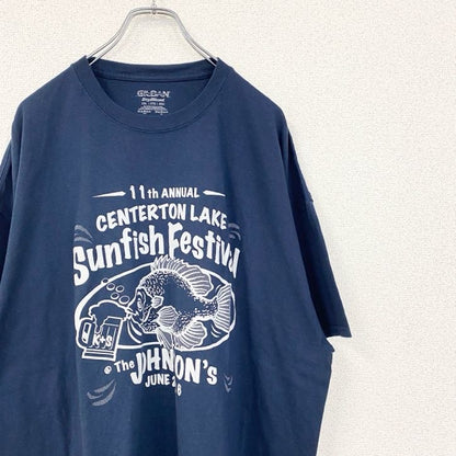 古着 used　GILDAN　ギルダン　半袖プリントTシャツ　魚　クルーネック　レトロデザイン　紺　ネイビー　XXLサイズ