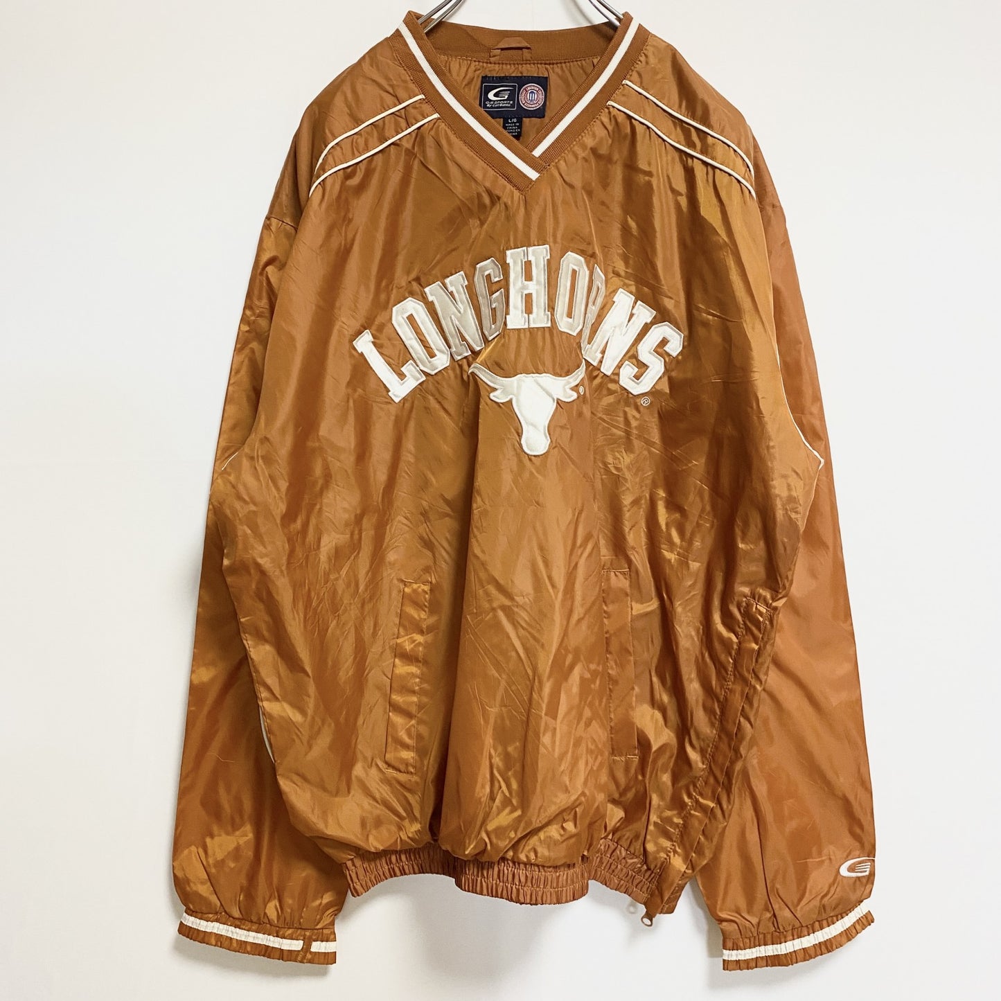 古着 used　G-Ⅲ　長袖ワッペン刺繍ナイロンプルオーバー　LONGHORNS　ロングホーンズ　オレンジ　茶色　Lサイズ