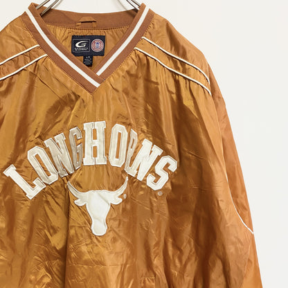 古着 used　G-Ⅲ　長袖ワッペン刺繍ナイロンプルオーバー　LONGHORNS　ロングホーンズ　オレンジ　茶色　Lサイズ