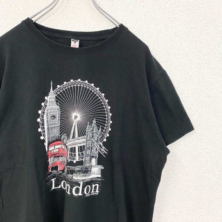 半袖プリントTシャツ　London　ロンドン　ビックベン　ビックデザイン　クルーネック　黒　ブラック　Mサイズ
