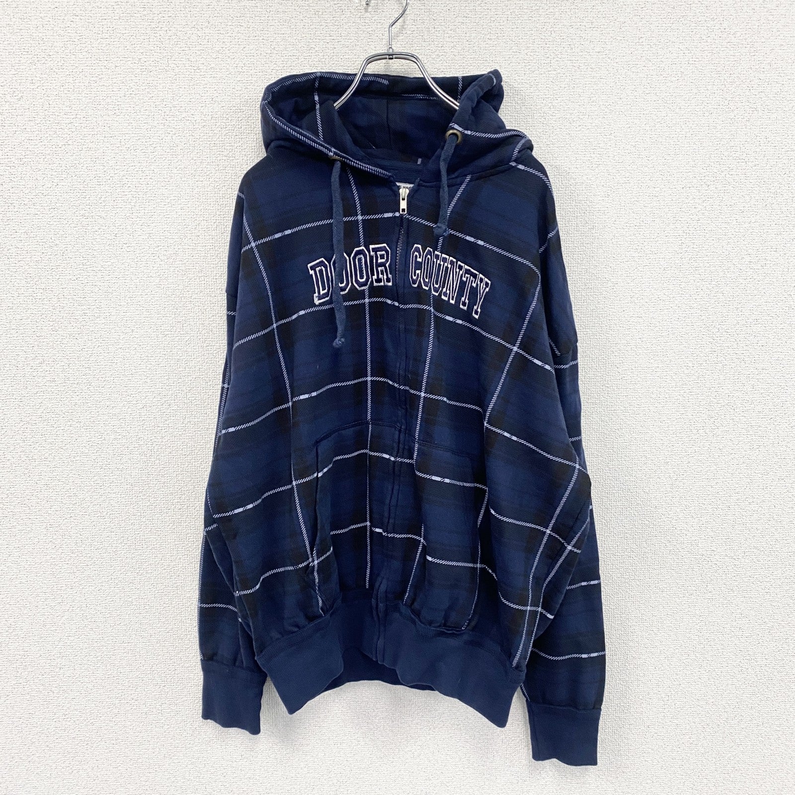 Resort Stop　フルジップスウェットパーカー/フーディー　チェック柄　紺　ネイビー　XLサイズ