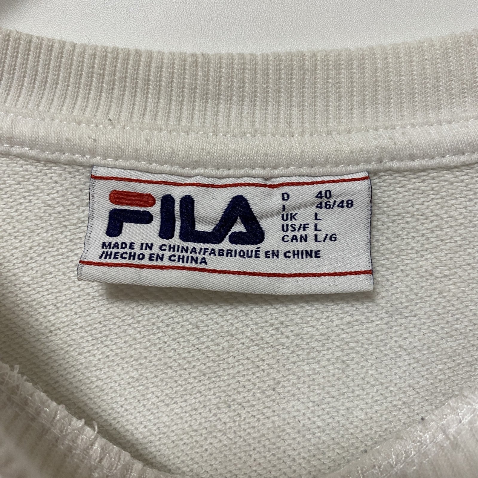 FILA　フィラ　スウェット/トレーナー　リブライン　刺繍ロゴ　ワンポイント　白　ホワイト　Lサイズ