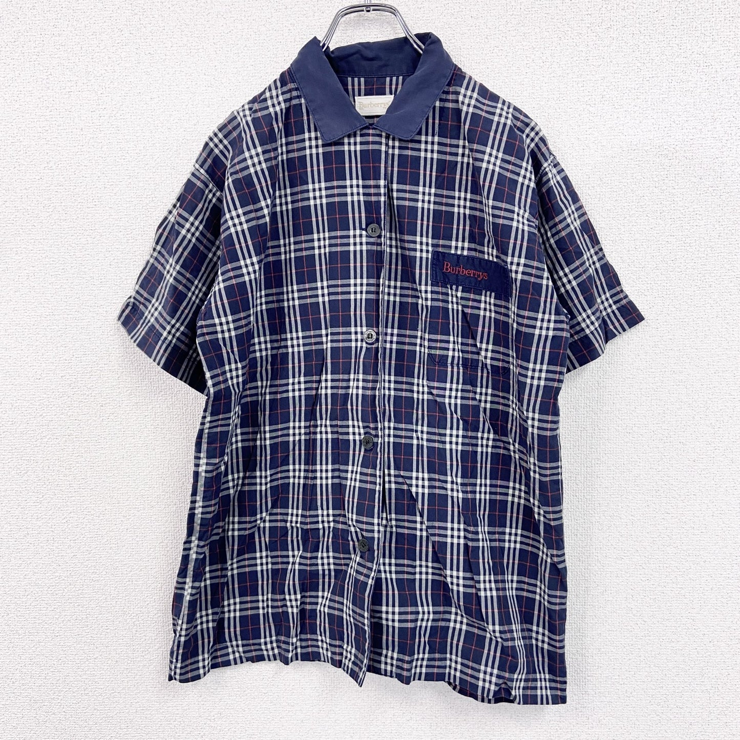 ～90s　BURBERRYS　バーバリーズ　半袖チェックシャツ　ボックスシャツ　チェック柄　紺　ネイビー　Lサイズ