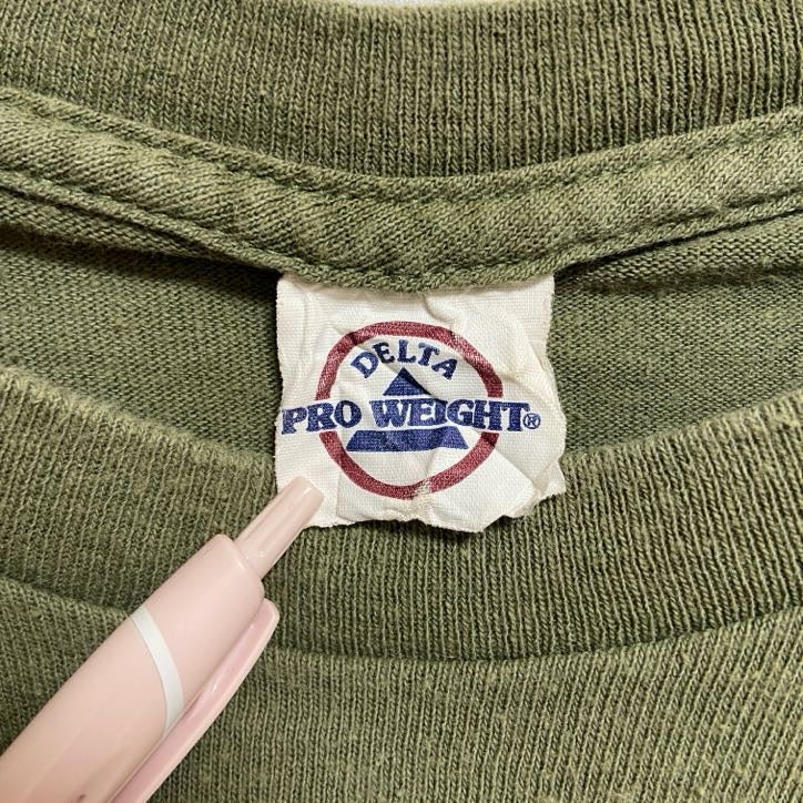 古着 used　半袖プリントロゴTシャツ　クルーネック　PUTITALL ONTHELINE　カーキ　緑　レトロ　Lサイズ