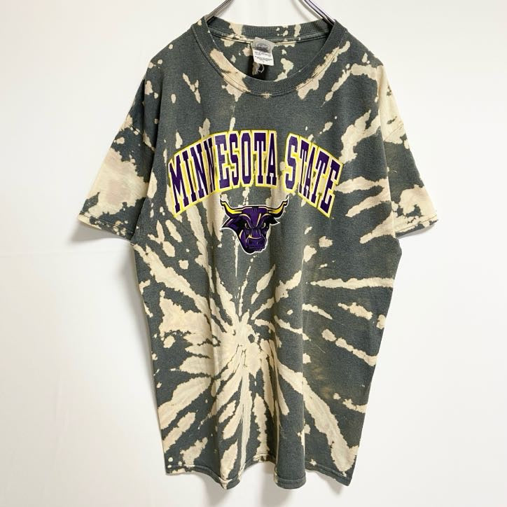古着 used　ミネソタ州立大学　半袖カレッジプリントTシャツ　タイダイ柄　クルーネック　レトロ　グレー　ベージュ　Lサイズ