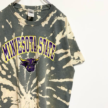 古着 used　ミネソタ州立大学　半袖カレッジプリントTシャツ　タイダイ柄　クルーネック　レトロ　グレー　ベージュ　Lサイズ