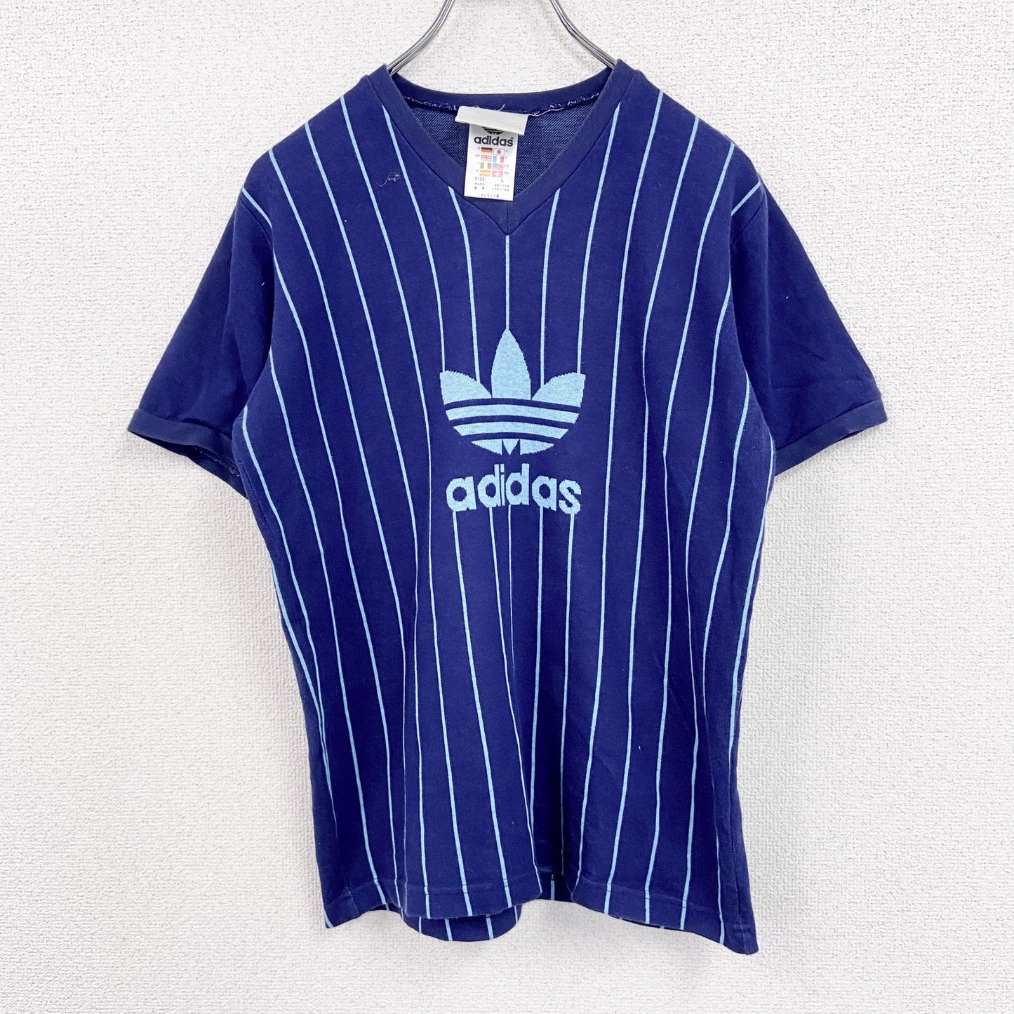 ～90s　adidas　アディダス　半袖Tシャツ　ヴィンテージ　ストライプ柄　紺　ネイビー　Lサイズ