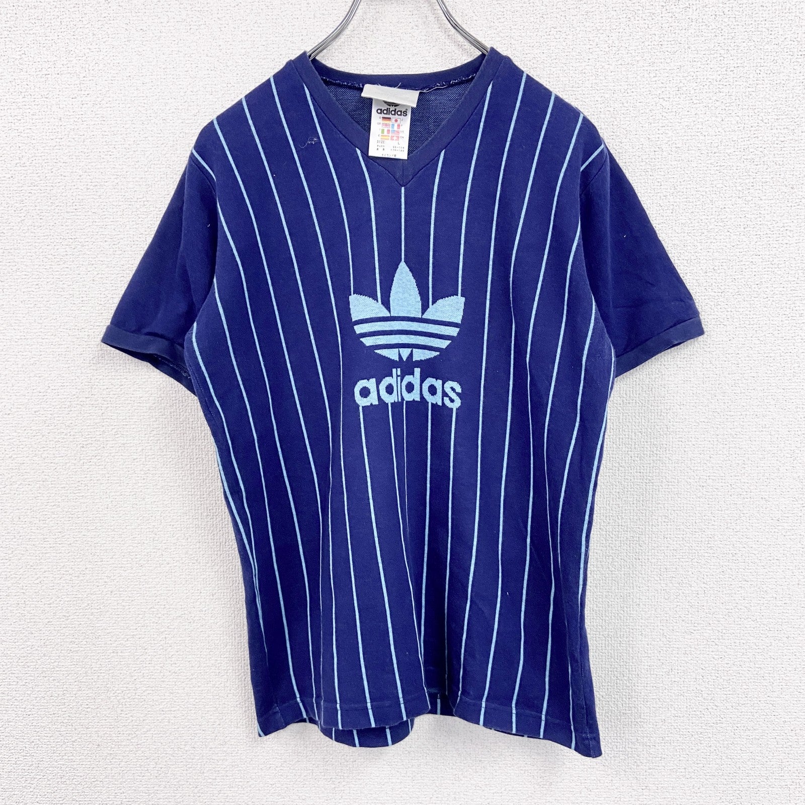～90s　adidas　アディダス　半袖Tシャツ　ヴィンテージ　ストライプ柄　紺　ネイビー　Lサイズ