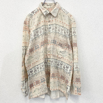 古着 used　長袖プリント柄シャツ　エスニックデザイン　ネイティブ柄　総柄　個性的　レトロ　ベージュ　Lサイズ