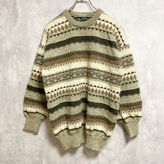 90s　NSETT　ウールニットセーター　ノルディック柄　ボーダー柄　アメカジ　ヴィンテージ　総柄　Sサイズ