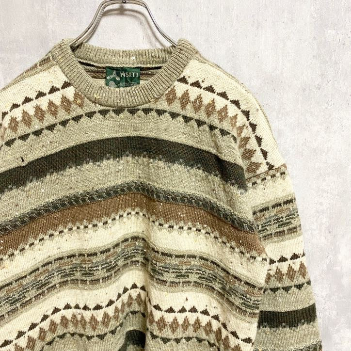 90s　NSETT　ウールニットセーター　ノルディック柄　ボーダー柄　アメカジ　ヴィンテージ　総柄　Sサイズ
