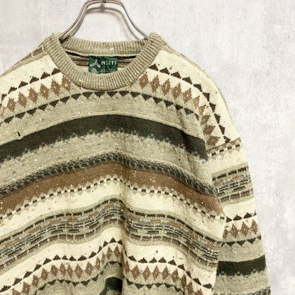 90s　NSETT　ウールニットセーター　ノルディック柄　ボーダー柄　アメカジ　ヴィンテージ　総柄　Sサイズ