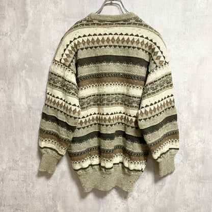 90s　NSETT　ウールニットセーター　ノルディック柄　ボーダー柄　アメカジ　ヴィンテージ　総柄　Sサイズ