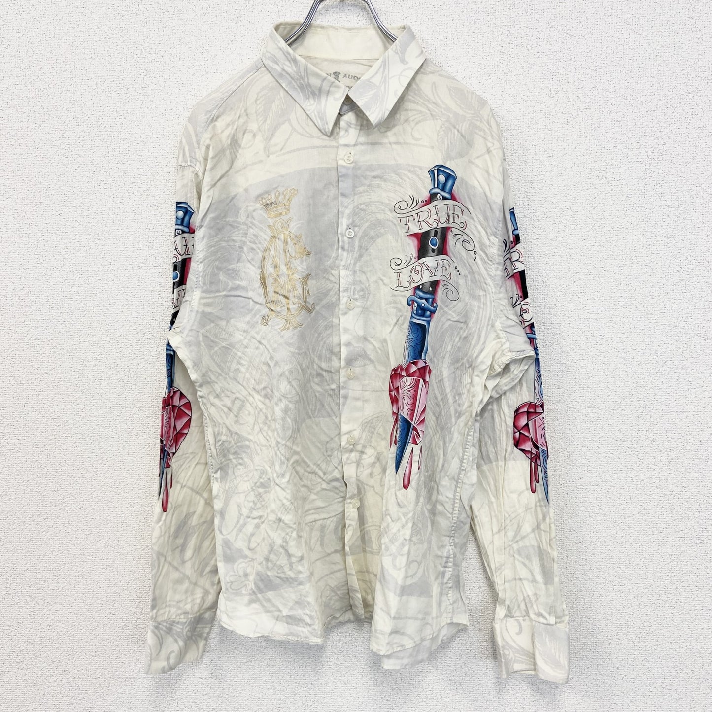 古着 used　CHRISTIAN AUDIGIER　長袖プリント柄シャツ　アメリカントラディショナルデザイン　白　XLサイズ