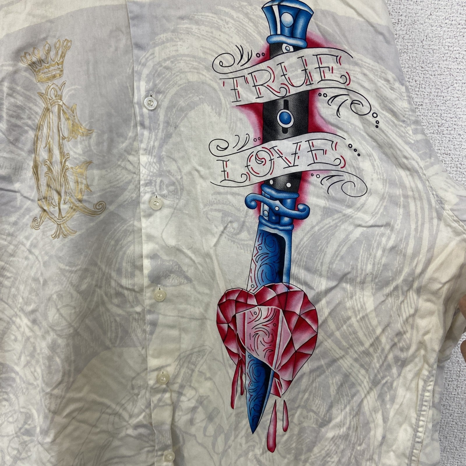 古着 used　CHRISTIAN AUDIGIER　長袖プリント柄シャツ　アメリカントラディショナルデザイン　白　XLサイズ
