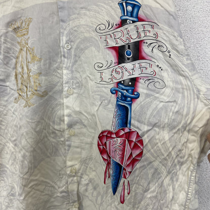 古着 used　CHRISTIAN AUDIGIER　長袖プリント柄シャツ　アメリカントラディショナルデザイン　白　XLサイズ
