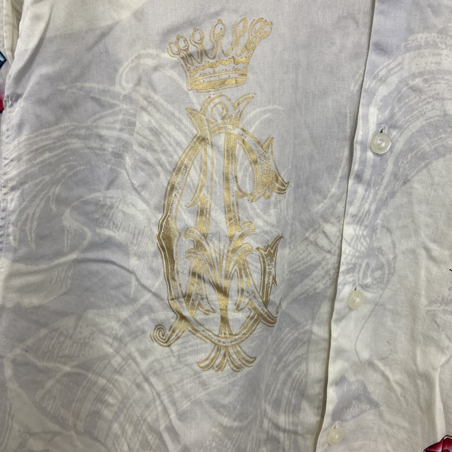 古着 used　CHRISTIAN AUDIGIER　長袖プリント柄シャツ　アメリカントラディショナルデザイン　白　XLサイズ