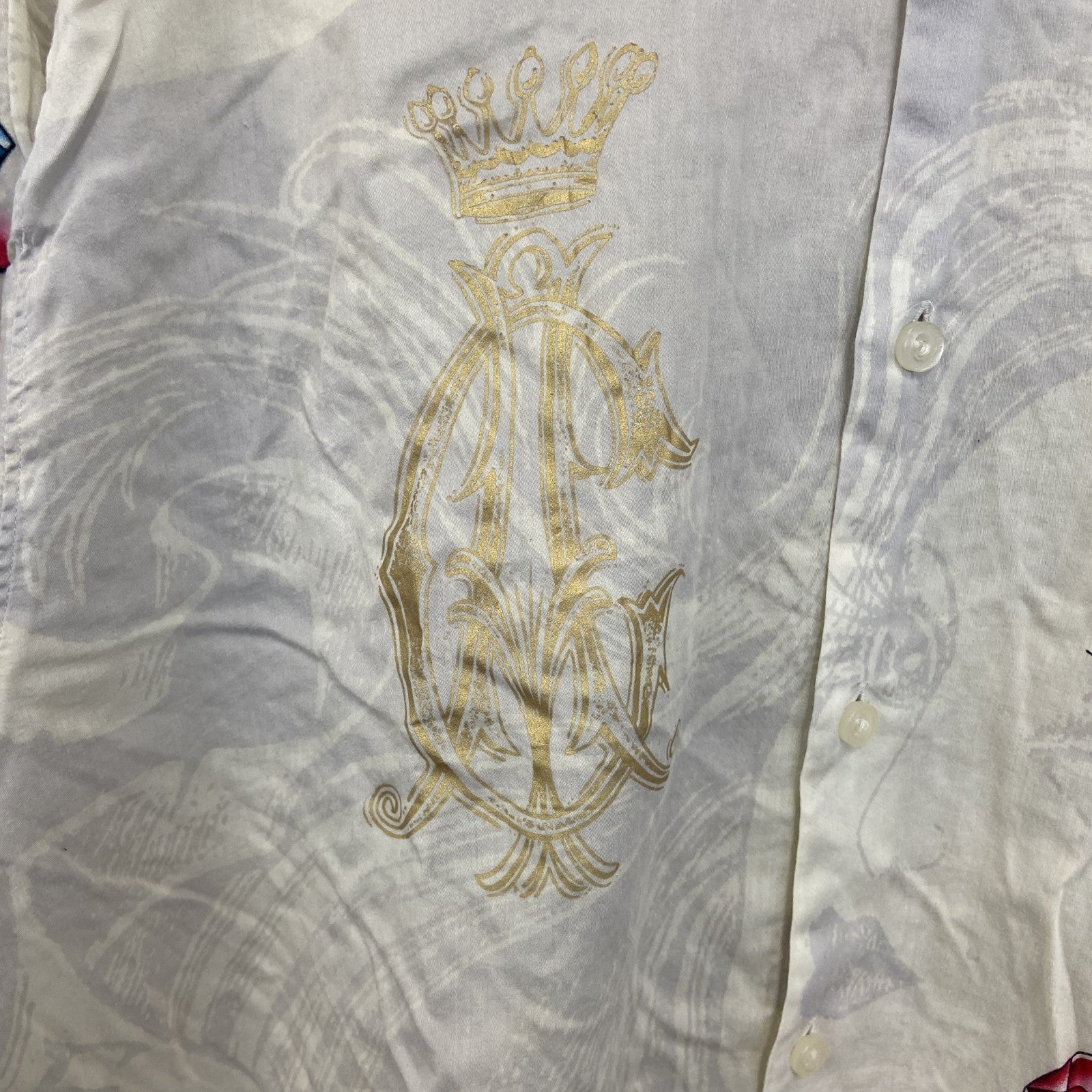古着 used　CHRISTIAN AUDIGIER　長袖プリント柄シャツ　アメリカントラディショナルデザイン　白　XLサイズ