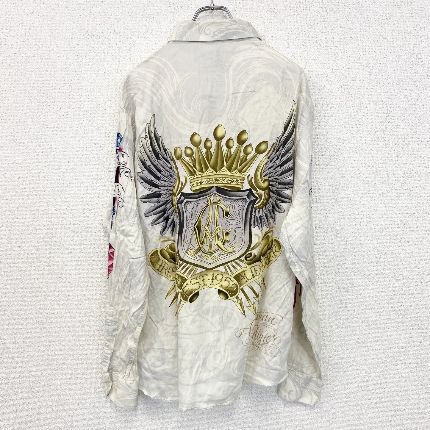 古着 used　CHRISTIAN AUDIGIER　長袖プリント柄シャツ　アメリカントラディショナルデザイン　白　XLサイズ
