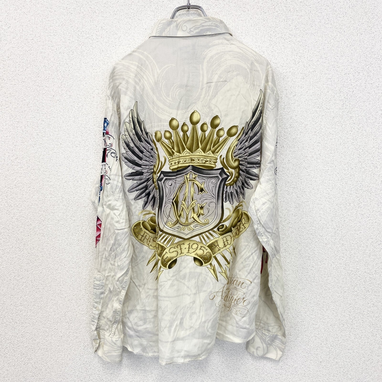古着 used　CHRISTIAN AUDIGIER　長袖プリント柄シャツ　アメリカントラディショナルデザイン　白　XLサイズ