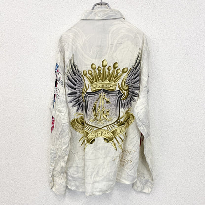 古着 used　CHRISTIAN AUDIGIER　長袖プリント柄シャツ　アメリカントラディショナルデザイン　白　XLサイズ