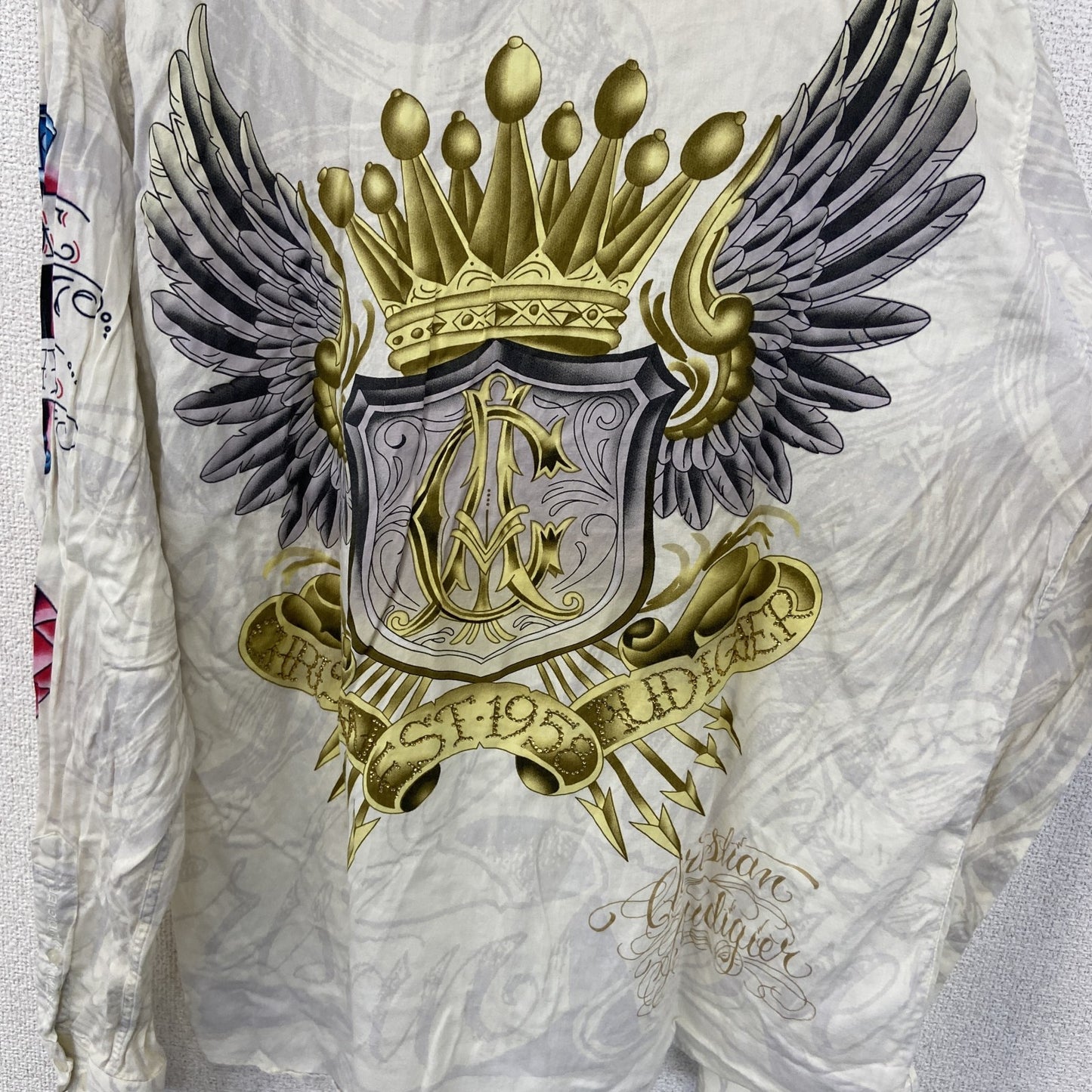 古着 used　CHRISTIAN AUDIGIER　長袖プリント柄シャツ　アメリカントラディショナルデザイン　白　XLサイズ