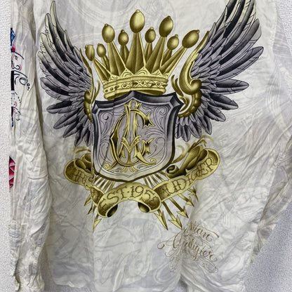古着 used　CHRISTIAN AUDIGIER　長袖プリント柄シャツ　アメリカントラディショナルデザイン　白　XLサイズ