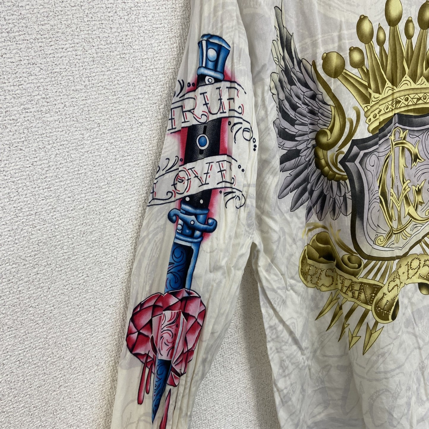 古着 used　CHRISTIAN AUDIGIER　長袖プリント柄シャツ　アメリカントラディショナルデザイン　白　XLサイズ