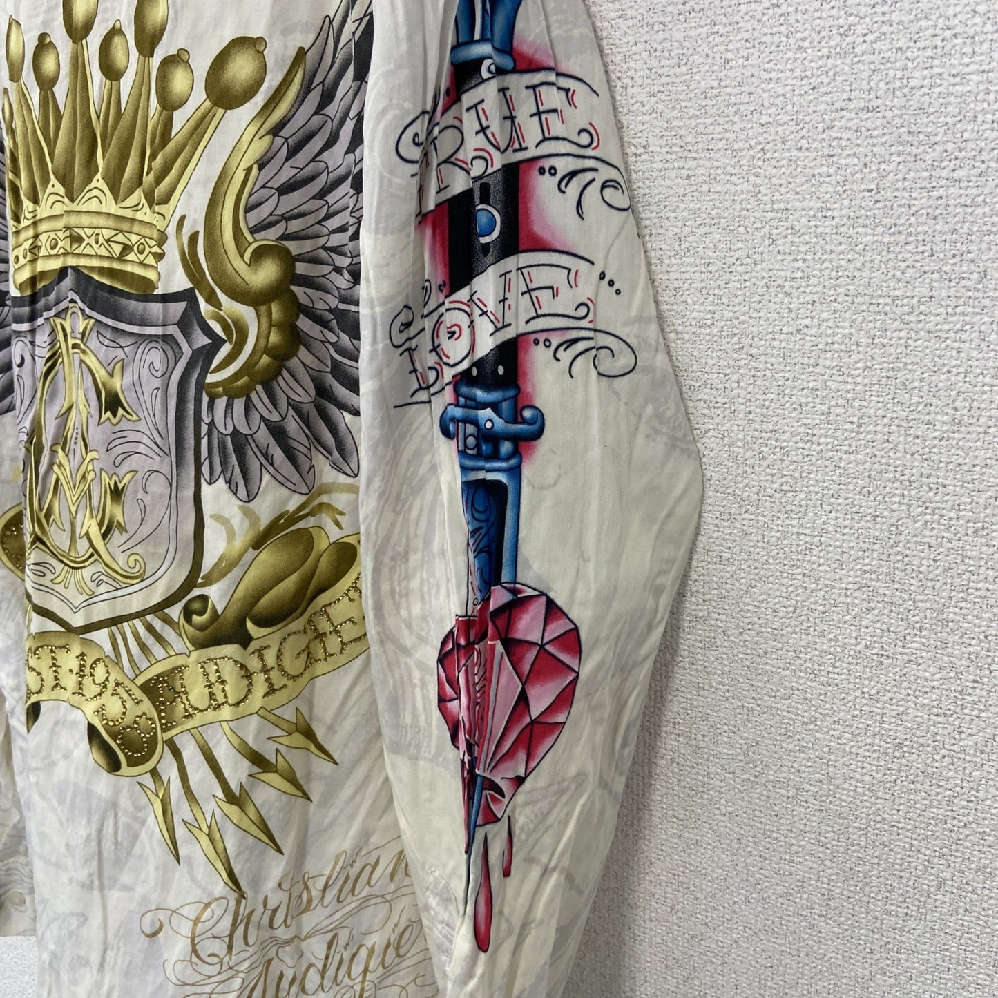 古着 used　CHRISTIAN AUDIGIER　長袖プリント柄シャツ　アメリカントラディショナルデザイン　白　XLサイズ