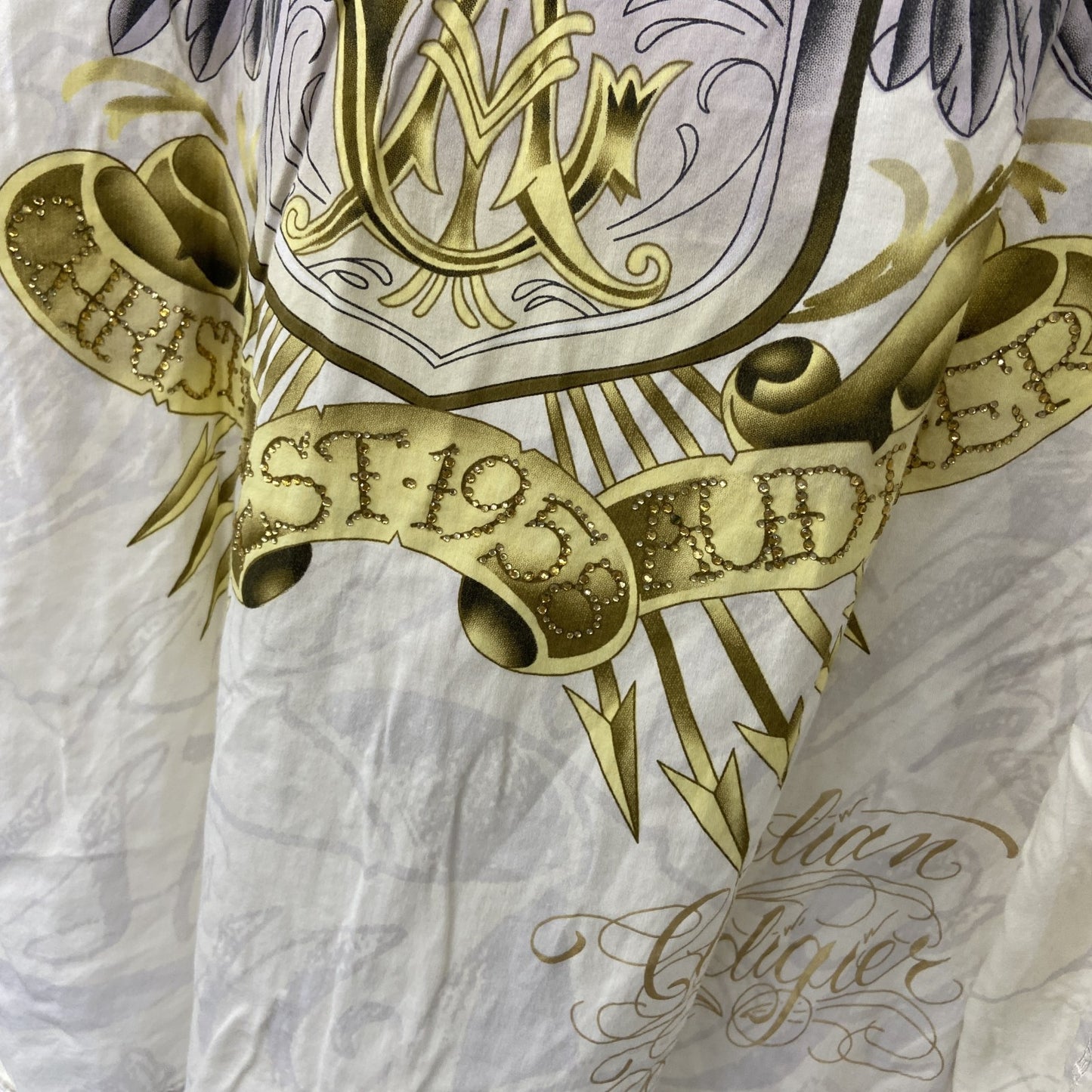 古着 used　CHRISTIAN AUDIGIER　長袖プリント柄シャツ　アメリカントラディショナルデザイン　白　XLサイズ