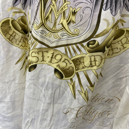 古着 used　CHRISTIAN AUDIGIER　長袖プリント柄シャツ　アメリカントラディショナルデザイン　白　XLサイズ