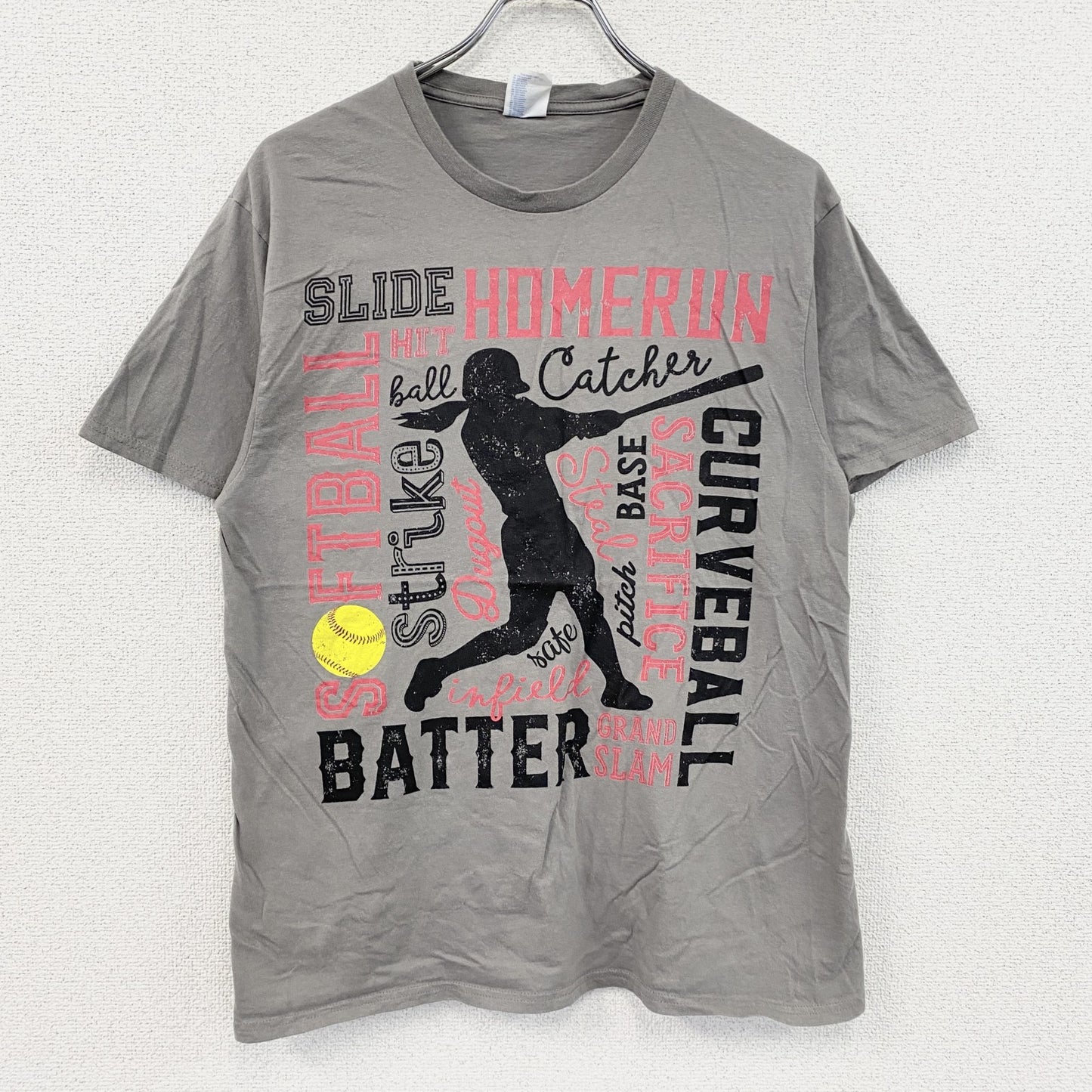 PORT&COMPANY　半袖プリントTシャツ　ブロックプリント　英字プリント　ソフトボール　灰色　グレー　Mサイズ