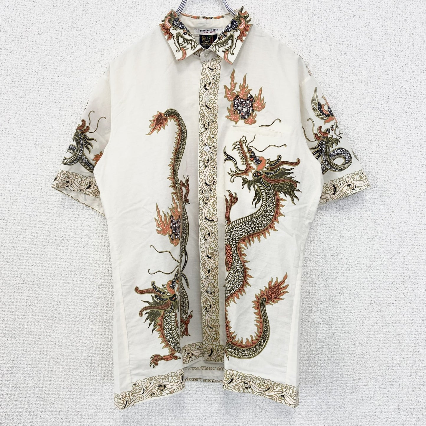 古着 used　LION COCONUT　半袖プリント柄シャツ　バテック柄　ドラゴン　龍　個性的デザイン　襟付き　総柄　Lサイズ