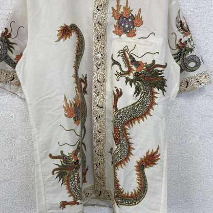 古着 used　LION COCONUT　半袖プリント柄シャツ　バテック柄　ドラゴン　龍　個性的デザイン　襟付き　総柄　Lサイズ