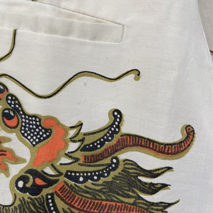 古着 used　LION COCONUT　半袖プリント柄シャツ　バテック柄　ドラゴン　龍　個性的デザイン　襟付き　総柄　Lサイズ
