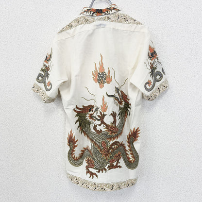 古着 used　LION COCONUT　半袖プリント柄シャツ　バテック柄　ドラゴン　龍　個性的デザイン　襟付き　総柄　Lサイズ