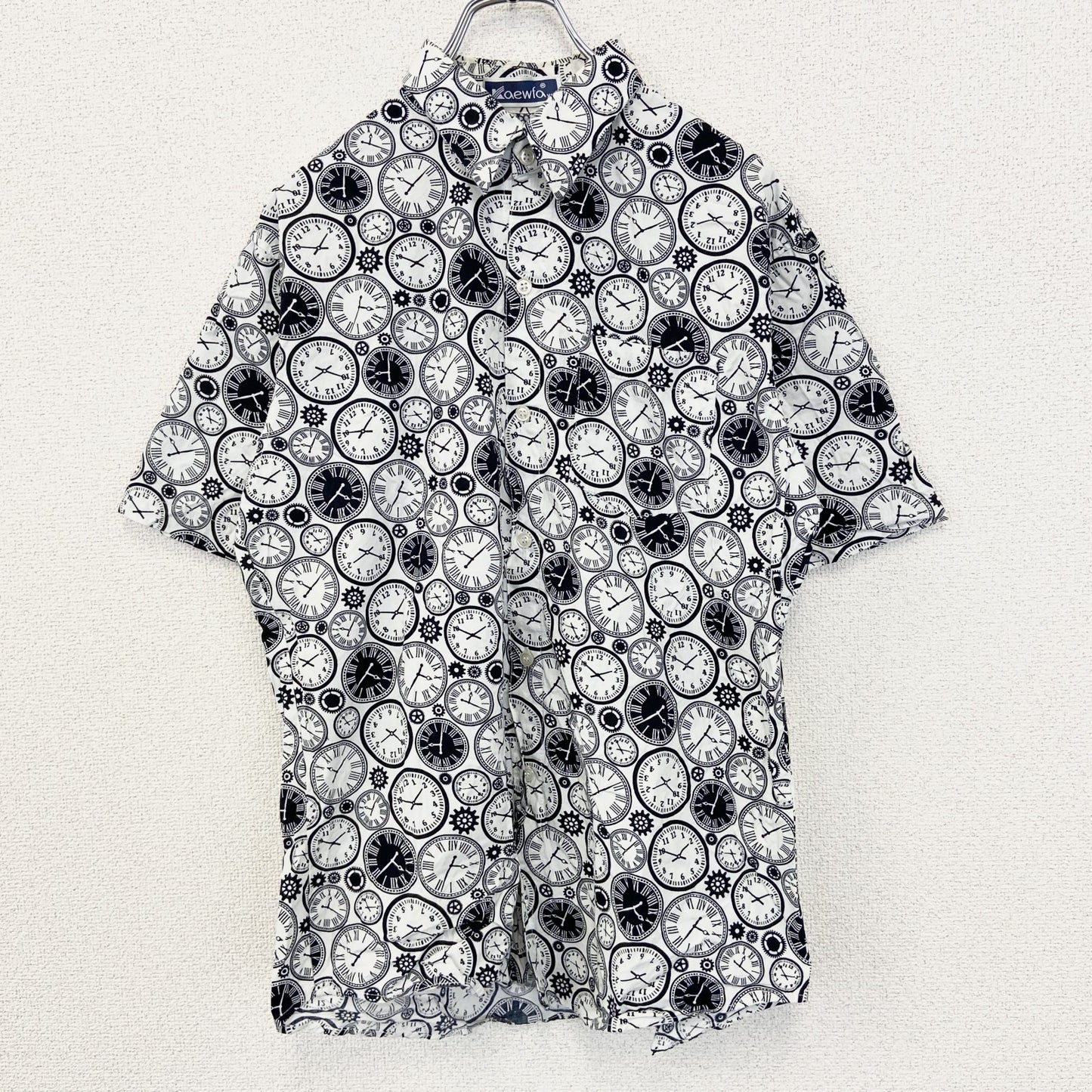 古着 used　Kaewfa　半袖プリント柄シャツ　歯車　時計　カジュアル　個性的デザイン　襟付き　総柄　レトロ　XXLサイズ
