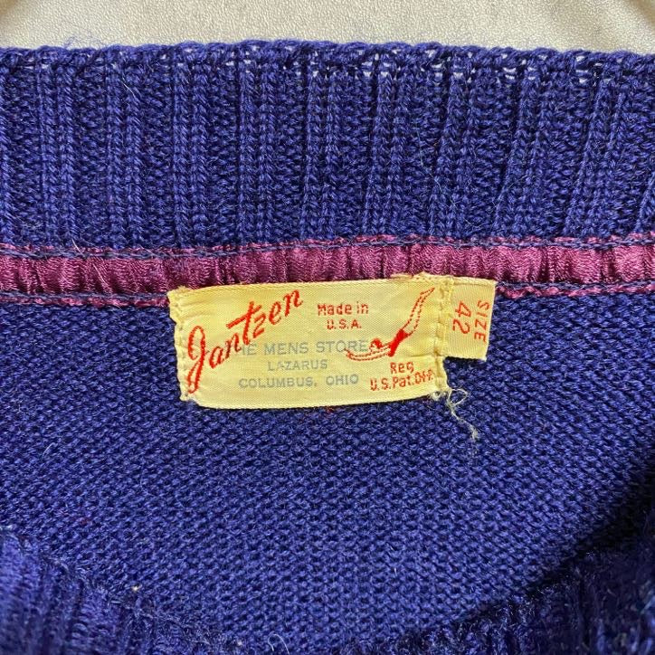 古着 used　～70s　Jantzen ジャンセン　USA製　ヴィンテージ　長袖Vガゼットニット　セーター　青　ブルー　Sサイズ