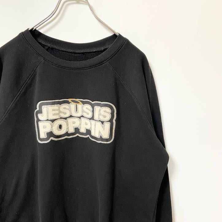 古着 used　JESUS IS POPPIN　長袖プリントスウェット　トレーナー　黒　ブラック　ラグランスリーブ　Lサイズ