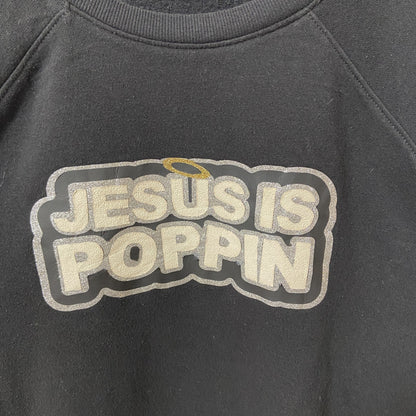 古着 used　JESUS IS POPPIN　長袖プリントスウェット　トレーナー　黒　ブラック　ラグランスリーブ　Lサイズ