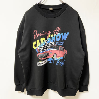 古着 used　ROMWE ロムウェ　長袖カープリントスウェット　トレーナー　アメカジ　黒　ブラック　クルーネック　Mサイズ