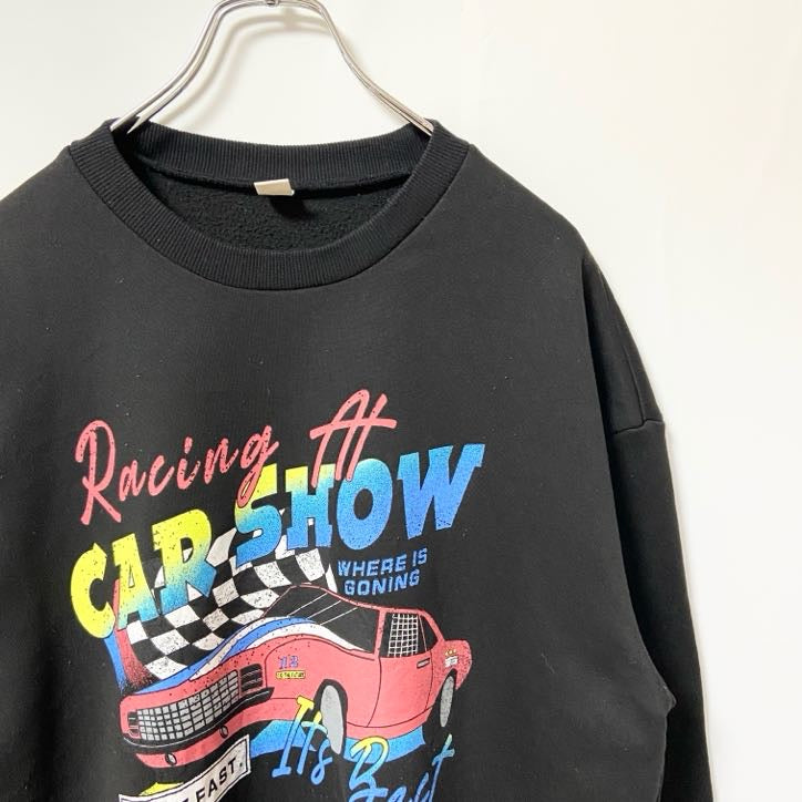 古着 used　ROMWE ロムウェ　長袖カープリントスウェット　トレーナー　アメカジ　黒　ブラック　クルーネック　Mサイズ