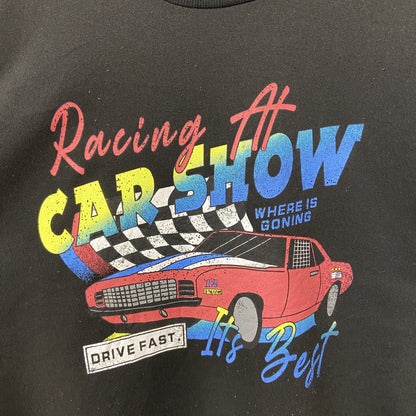 古着 used　ROMWE ロムウェ　長袖カープリントスウェット　トレーナー　アメカジ　黒　ブラック　クルーネック　Mサイズ
