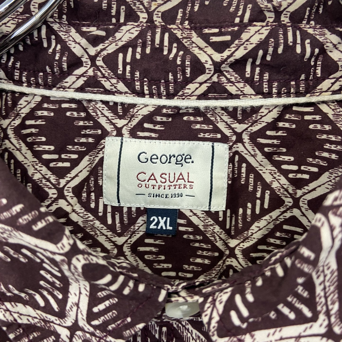古着 used　George.　半袖プリント柄シャツ　オルテガ柄　カジュアル　個性的デザイン　襟付き　総柄　レトロ　2XLサイズ