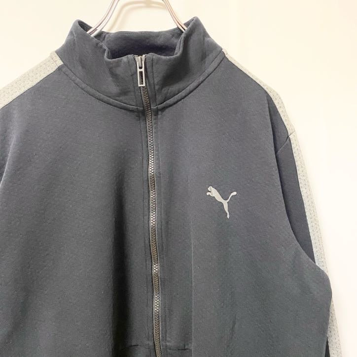 古着 used　PUMA プーマ　長袖フルジップスウェット　パーカー　ハイネック　バイカラー　黒　グレー　Lサイズ